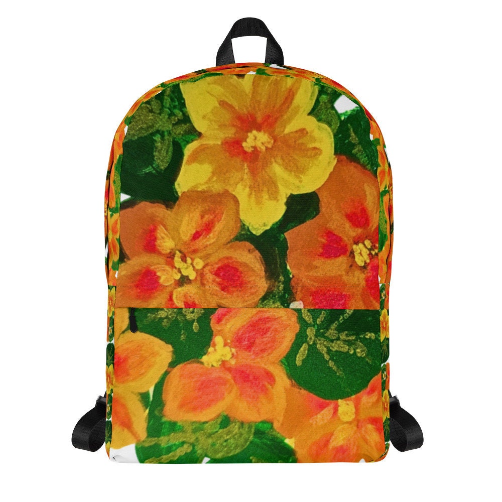 Orange flower backpack,back to school,college backpack,work backpack,hiking backpack,botanical backpack,aesthetic backpack,diaper bag