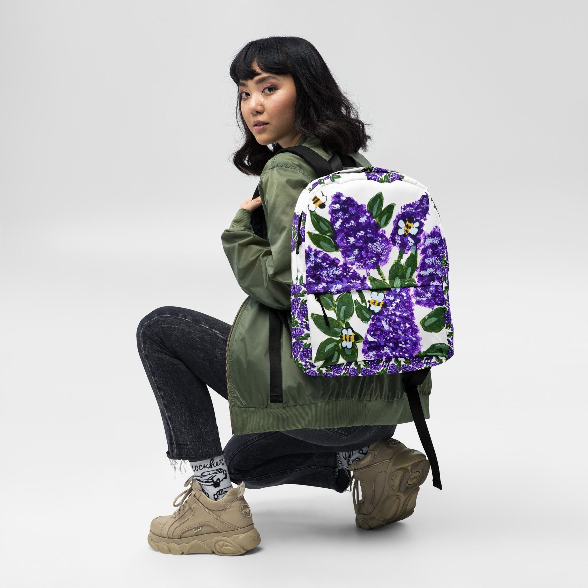 Lilac flower backpack,back to school,wildflower backpack,botanical gift,country backpack,college backpack,hiking backpack,womens diaper bag