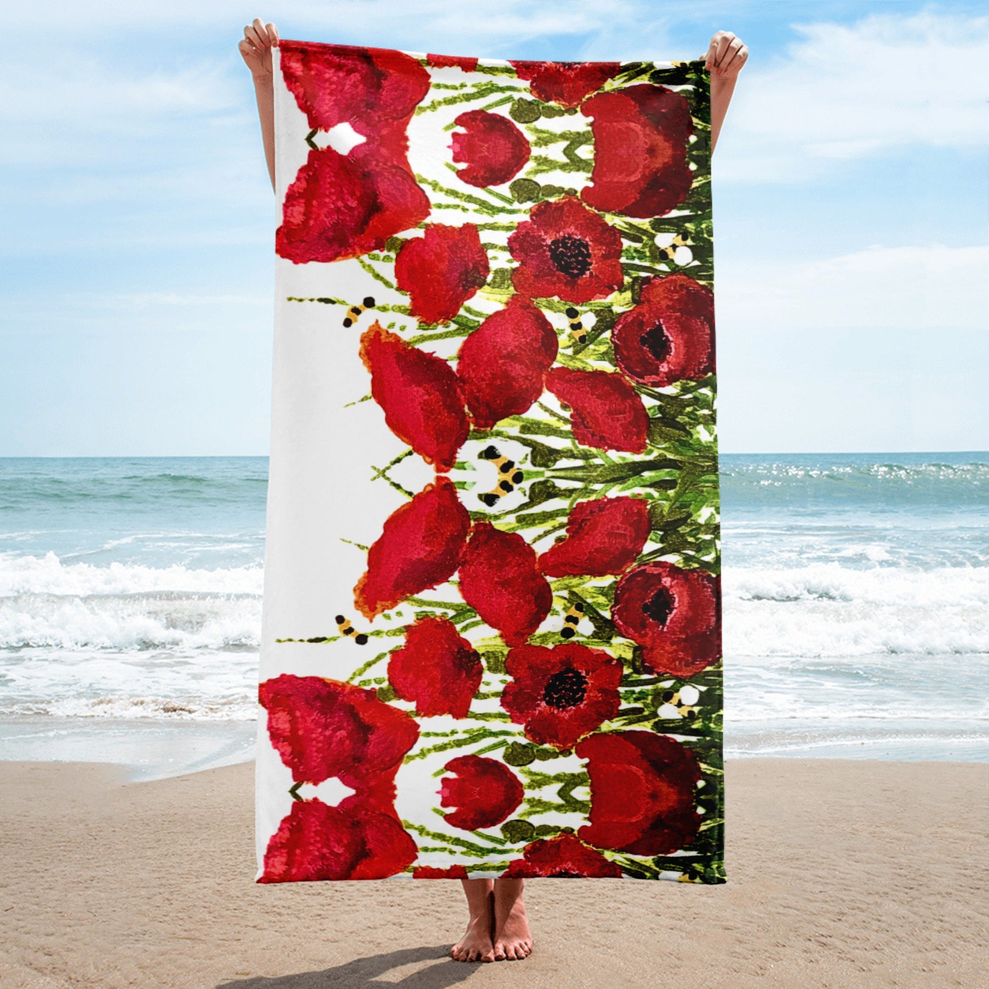 Red poppies beach towel,floral decor,botanical towels,bathroom towel,guest towel,pool towel,vacation towel,housewares,floral towels
