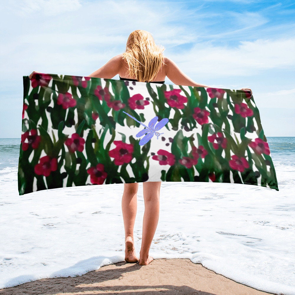 Red floral dragonfly beach towels,botanical towels,housewares,floral decor,guest towels,vacation towel,pool towel,bathroom towels