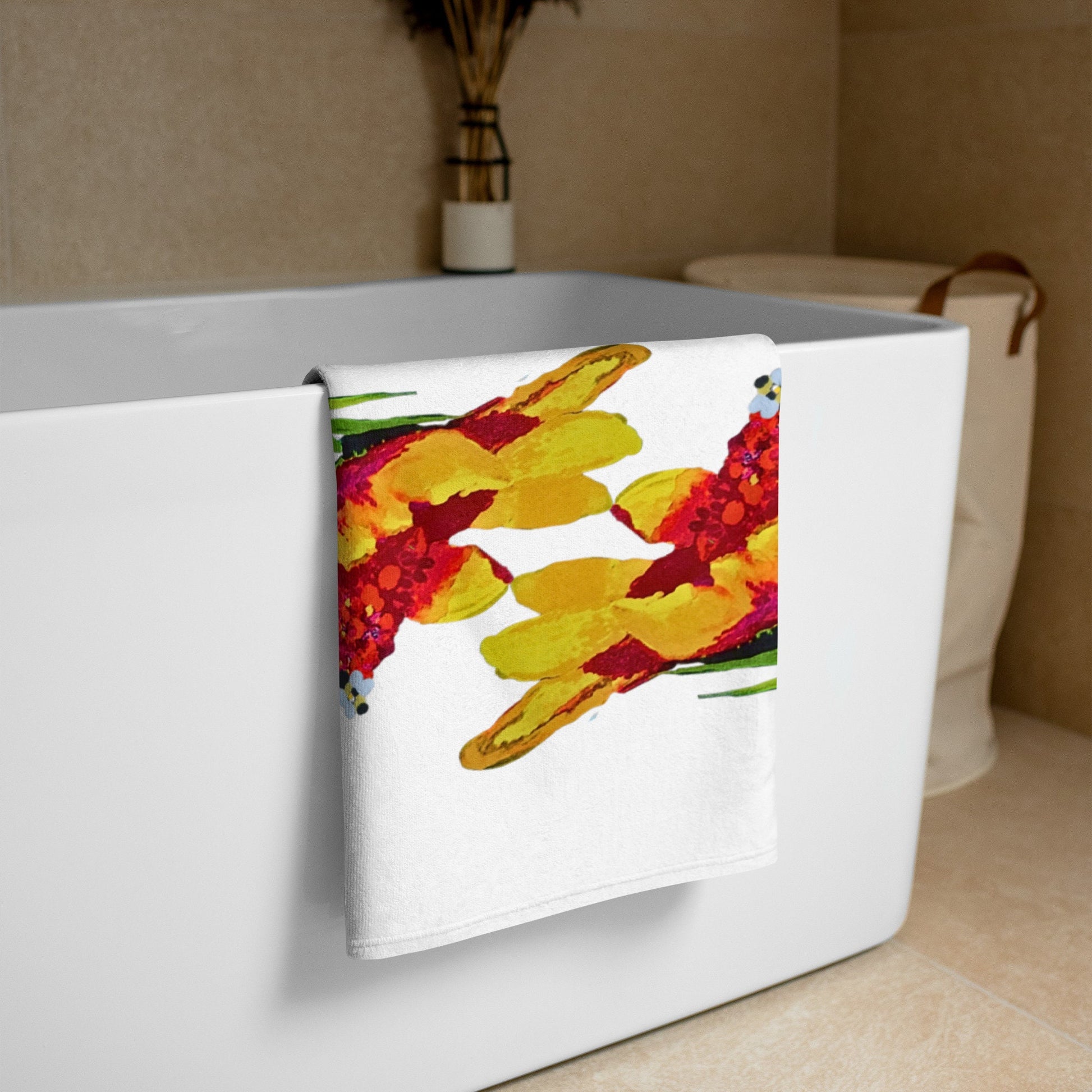 Big bright red and yellow floral beach towel,botanical towels,guest towel,housewares,floral decor,vacation towel,pool towel,bathroom towel