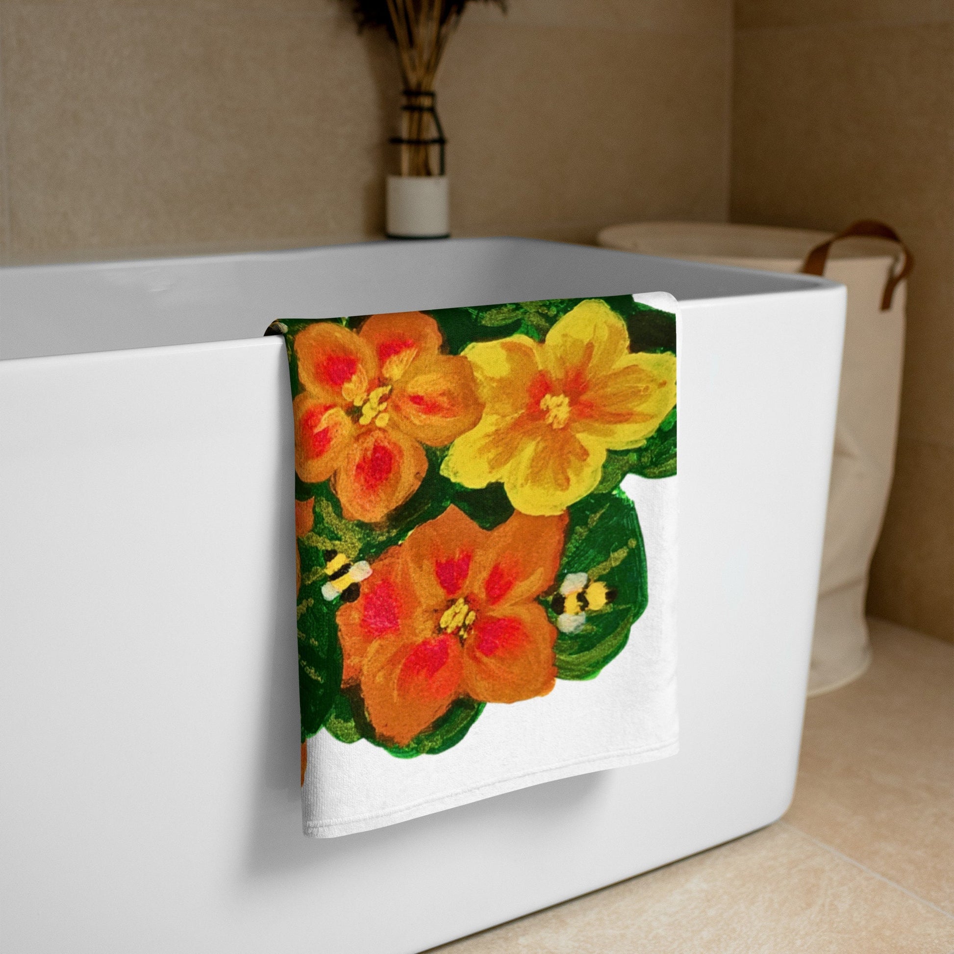 Orange floral towel,bath towel,botanical towel,housewares,decor,pool towel,beach towels,kids bath towel,gym towel,guest towel,bathroom towel