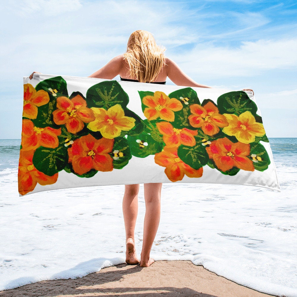 Orange floral towel,bath towel,botanical towel,housewares,decor,pool towel,beach towels,kids bath towel,gym towel,guest towel,bathroom towel