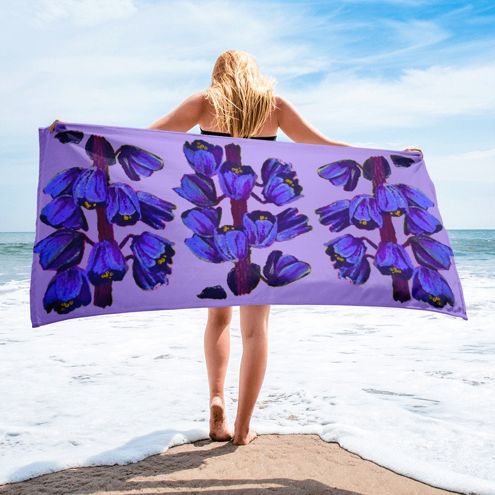 Purple floral towel,bath towel,botanical towel,housewares,decor,pool towel,beach towels,kids bath towel,guest towel,nature lover gift
