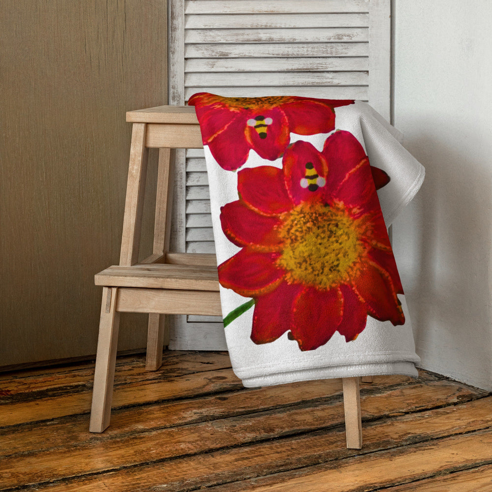 Red floral towel,fall towels,botanical towels,housewares,decor,beach towels,kids bath towels,guest towels,gym towels,nature lovers gift