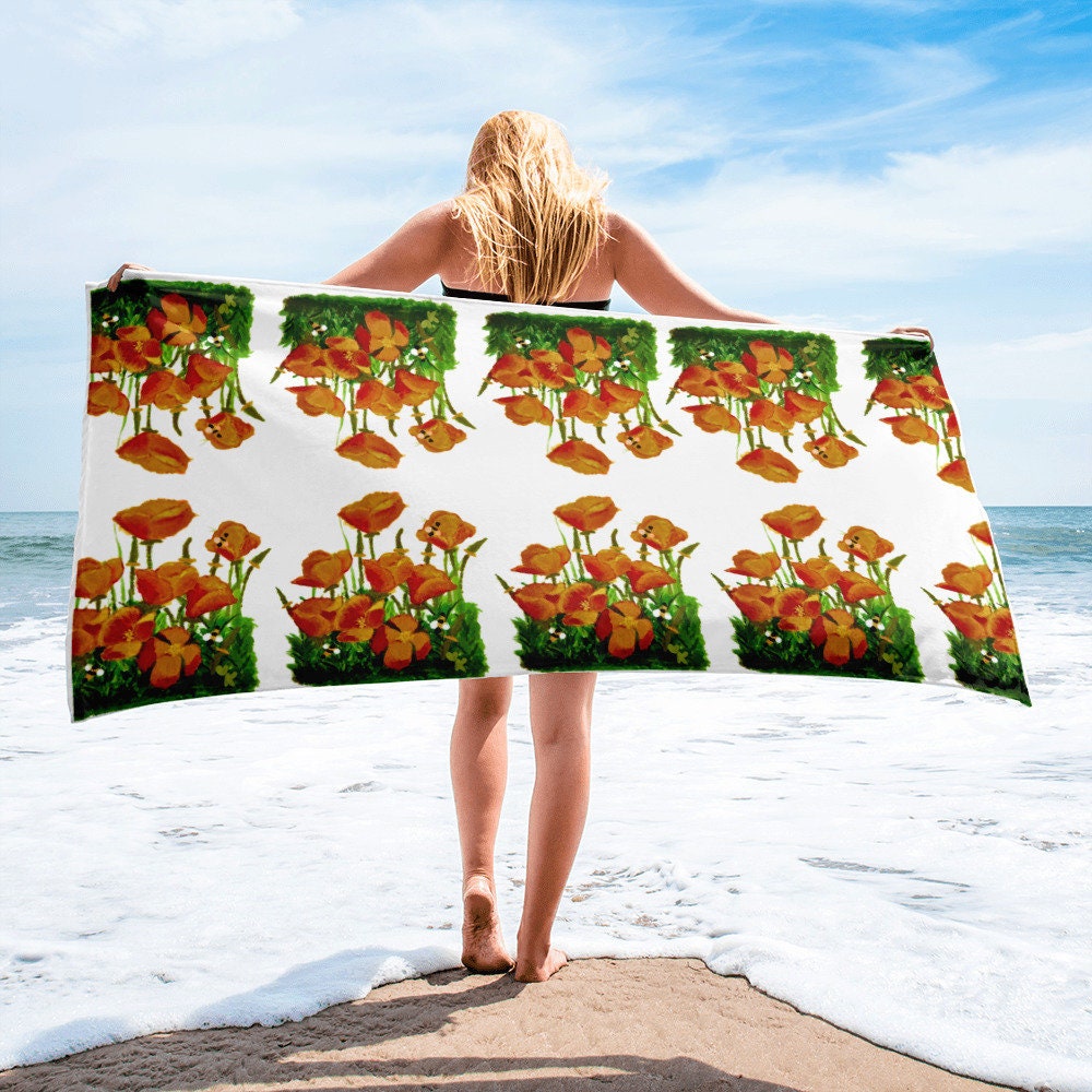 California poppies floral bath towel,botanical towel,housewares,decor,beach towels,kids bath towels,guest towels,gym towels,nature lovers