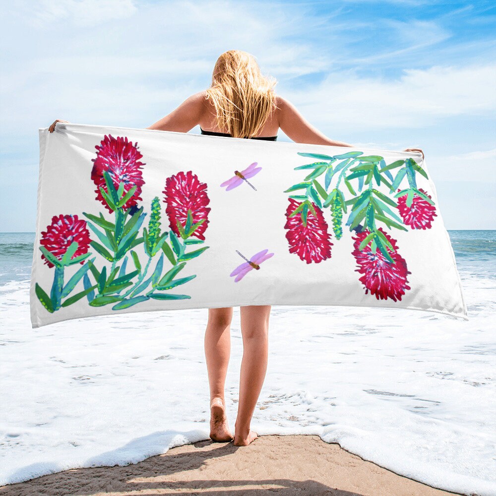 Weeping bottle brush floral bath towel,fall towel,beach towels,housewares,decor,botanical towels,guest towels,kids bath towels,gym towels