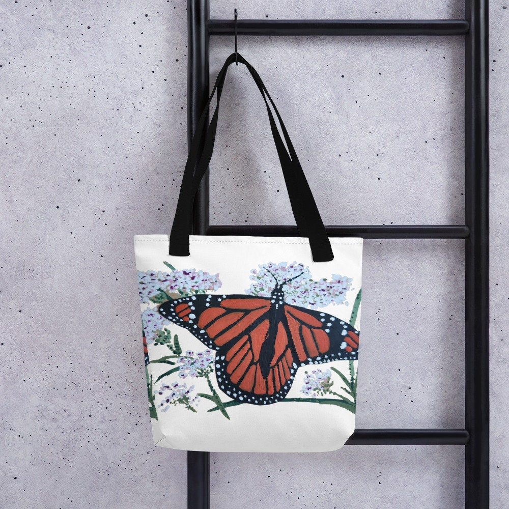 Monarch butterfly tote bag,botanical tote bag,reusable tote bag,farmers market bag,unisex tote bag,daycare bag,carry all,nurse tote bag