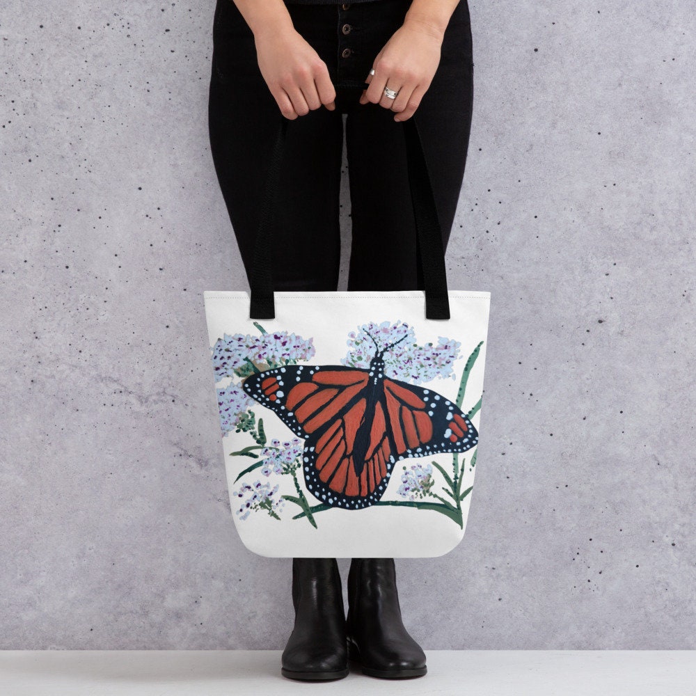 Monarch butterfly tote bag,botanical tote bag,reusable tote bag,farmers market bag,unisex tote bag,daycare bag,carry all,nurse tote bag