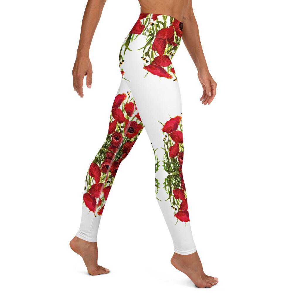 Red poppies yoga leggings,fitness leggings,workout pants,floral leggings,gym leggings,spandex leggings,colorful leggings,high waist leggings