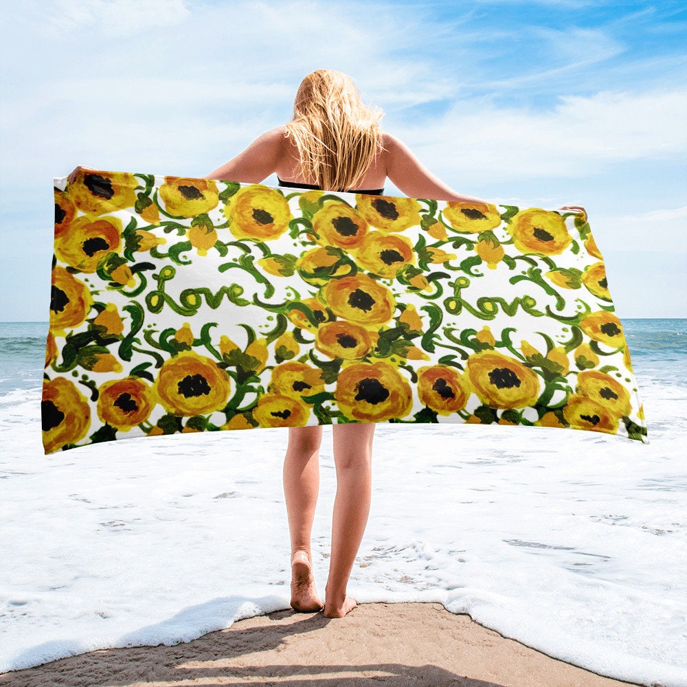 Yellow love beach towel,floral decor,bathroom towel,hanging towel,guest towel,botanical towel,baby towel,gym towel,printed towel,fall towel