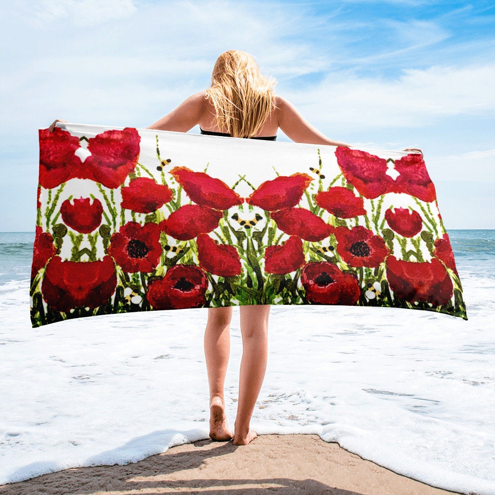 Red poppies beach towel,floral decor,botanical towels,bathroom towel,guest towel,pool towel,vacation towel,housewares,floral towels