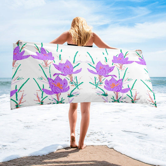 Crocus flower beach towel,botanical towels,floral decor,housewares,kids bath towel,pool towel,vacation towel,vintage towel,bath towels
