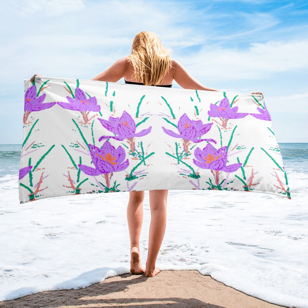 Crocus flower beach towel,botanical towels,floral decor,housewares,kids bath towel,pool towel,vacation towel,vintage towel,bath towels