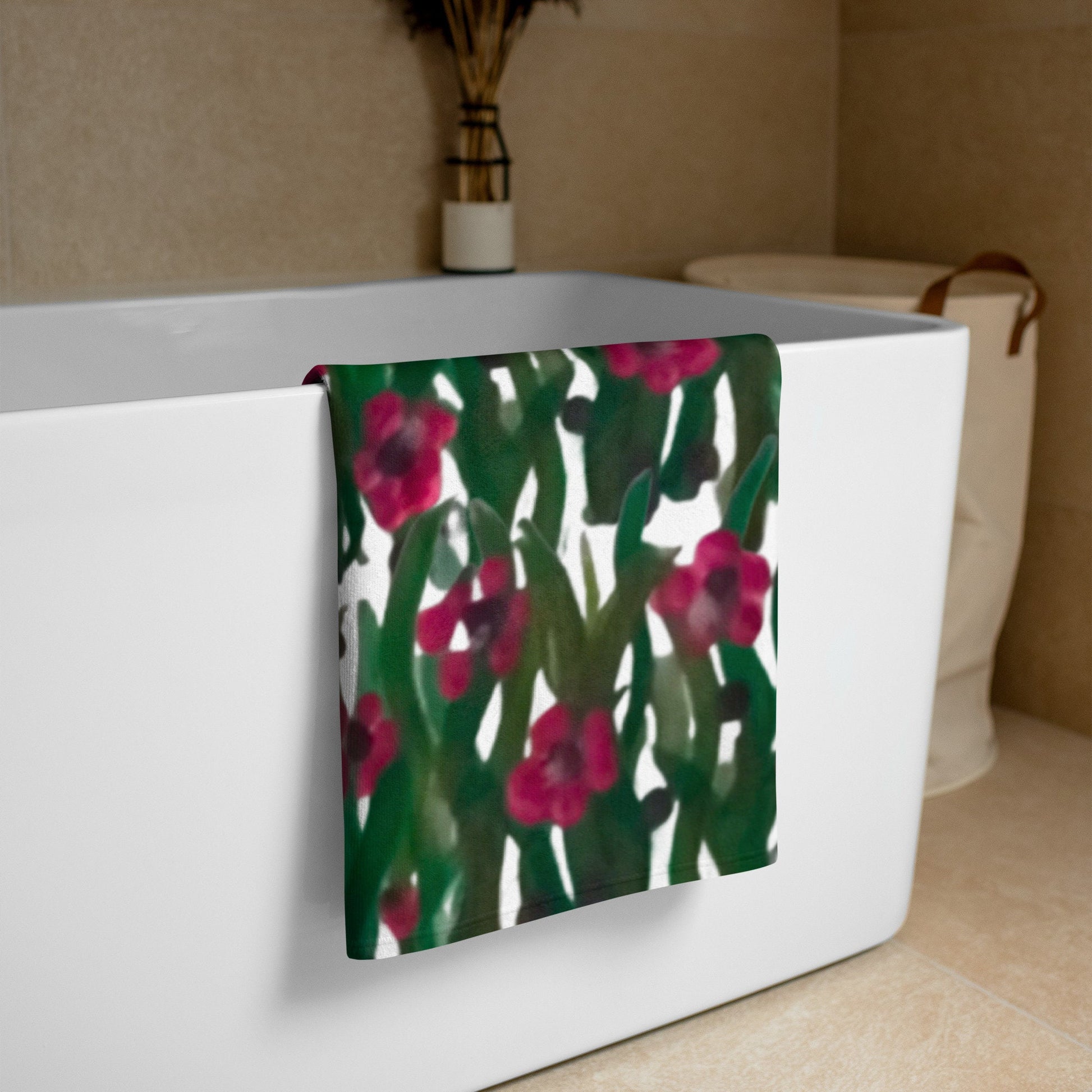 Red floral dragonfly beach towels,botanical towels,housewares,floral decor,guest towels,vacation towel,pool towel,bathroom towels