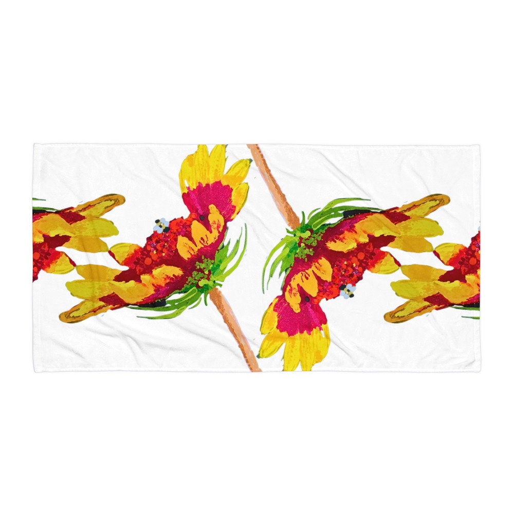 Big bright red and yellow floral beach towel,botanical towels,guest towel,housewares,floral decor,vacation towel,pool towel,bathroom towel