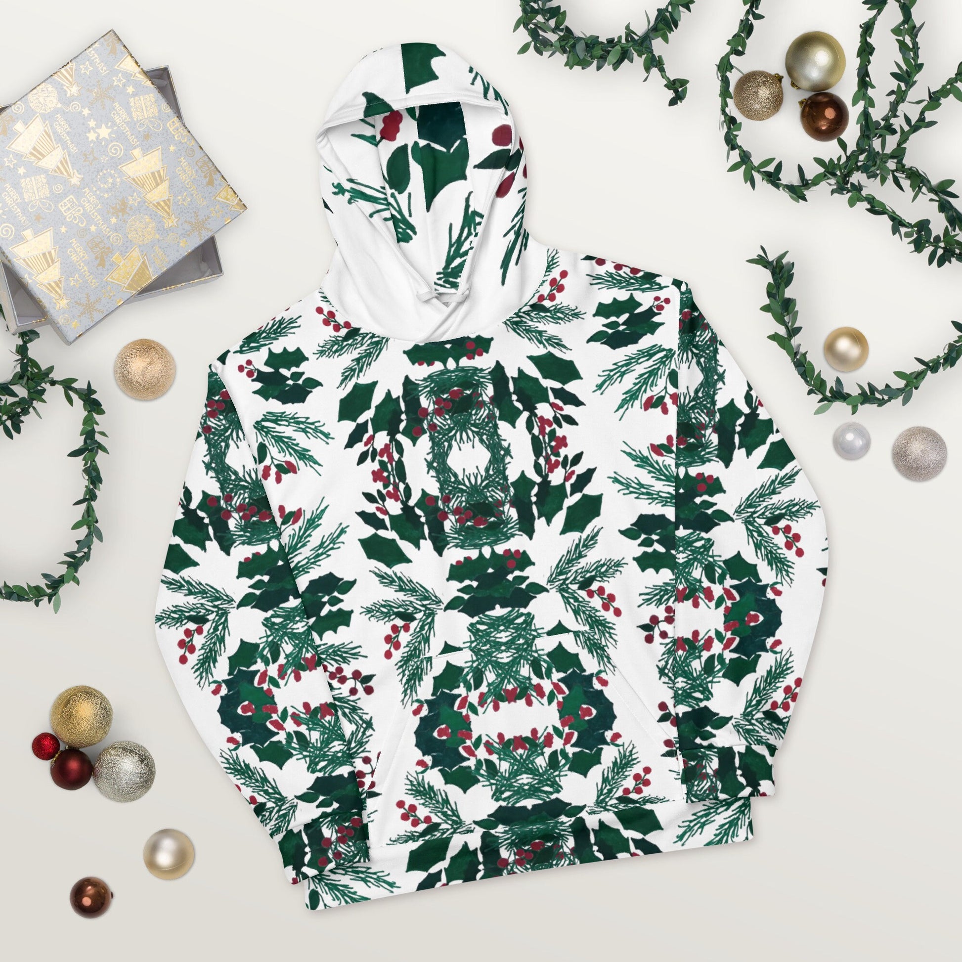 Christmas Holly Unisex Hoodie,festive hoodie,fall hoodie,pullover hoodie,hoodie with pocket,comfy hoodie,nature hoodie,holiday gift
