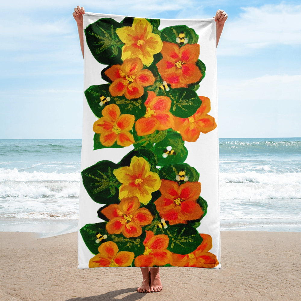 Orange floral towel,bath towel,botanical towel,housewares,decor,pool towel,beach towels,kids bath towel,gym towel,guest towel,bathroom towel