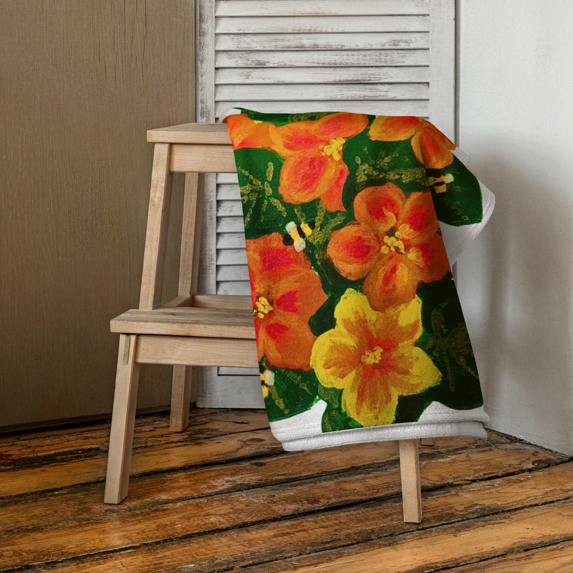 Orange floral towel,bath towel,botanical towel,housewares,decor,pool towel,beach towels,kids bath towel,gym towel,guest towel,bathroom towel