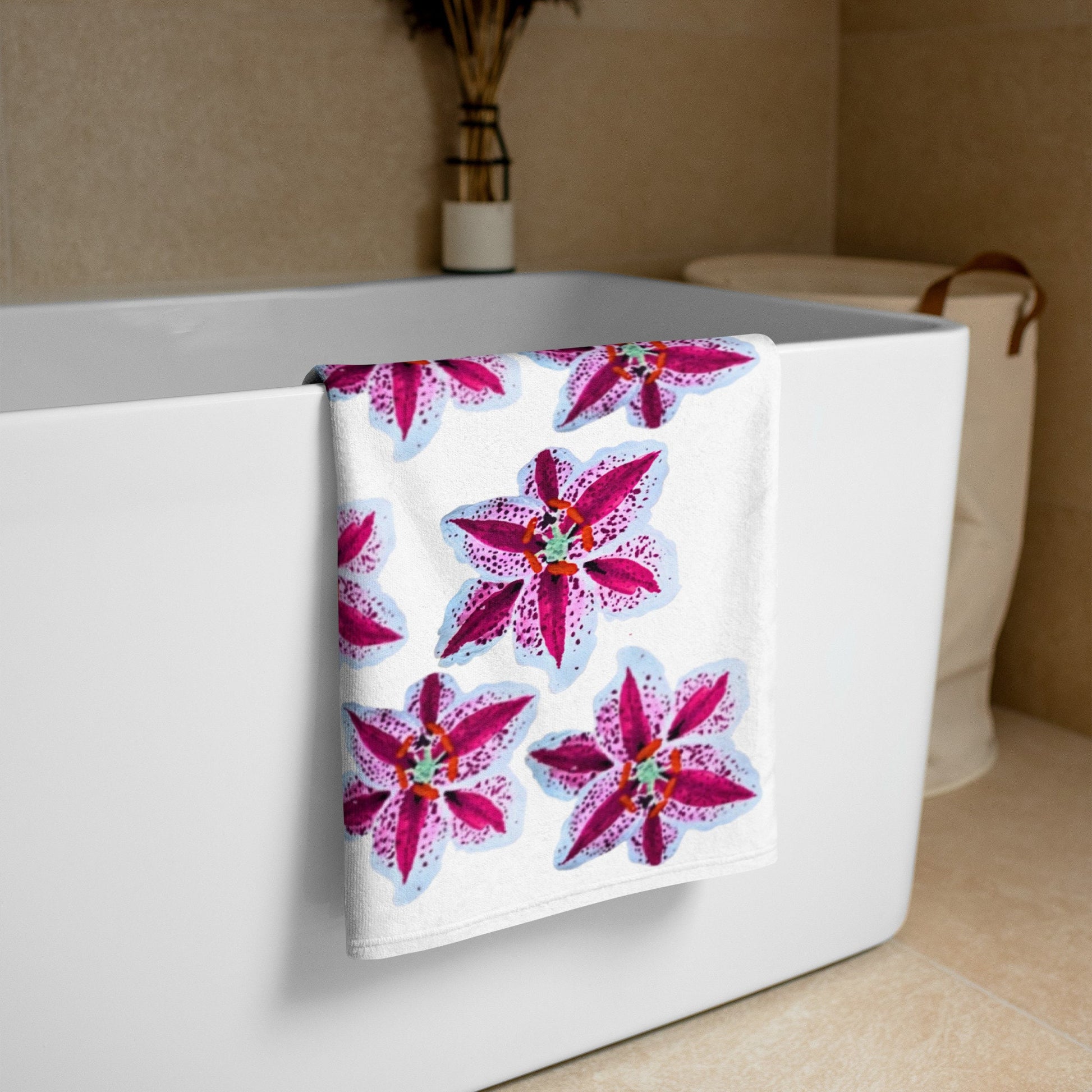 Tiger lily floral towel,bath towel,botanical towel,housewares,decor,pool towel,beach towels,kids bath towel,guest towel,gym towel,fun towel