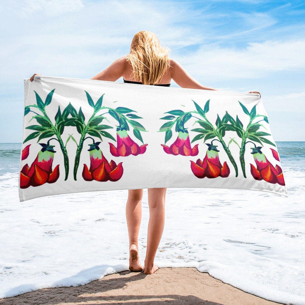 Trumpet floral towel,bath towel,botanical towel,housewares,decor,pool towel,guest towel,beach towels,kids bath towel,gym towel,vintage towel