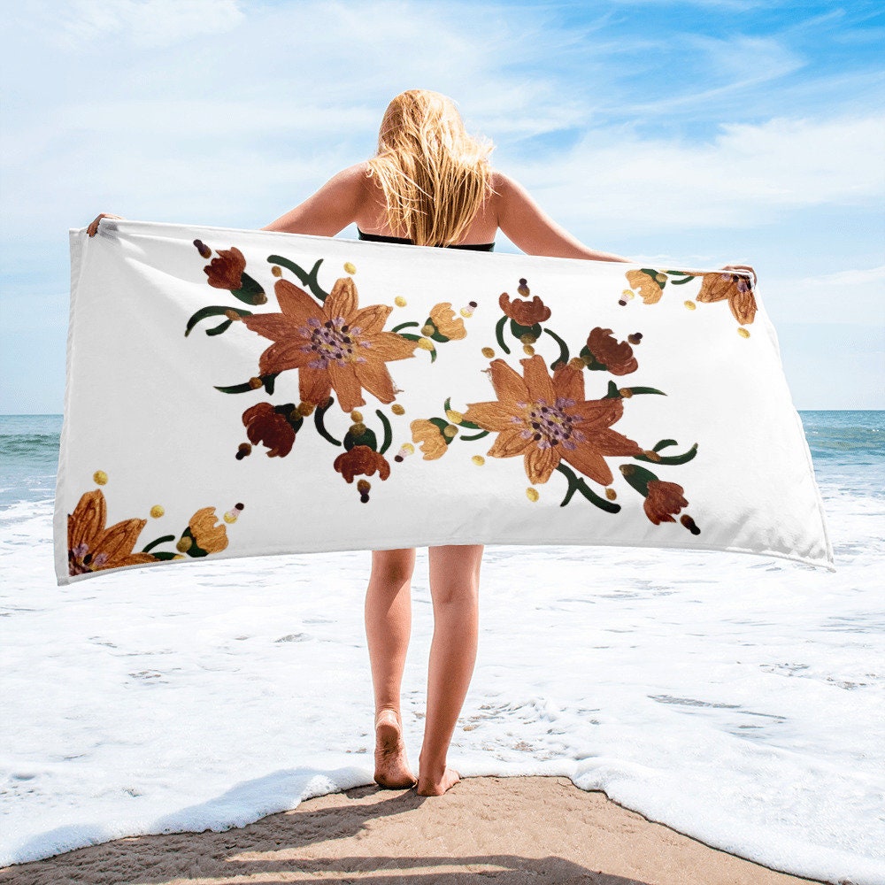 Gold floral towel,fall towels,botanical towels,kids bath towels,housewares,decor,pool towel,beach towels,gym towels,vacation towels