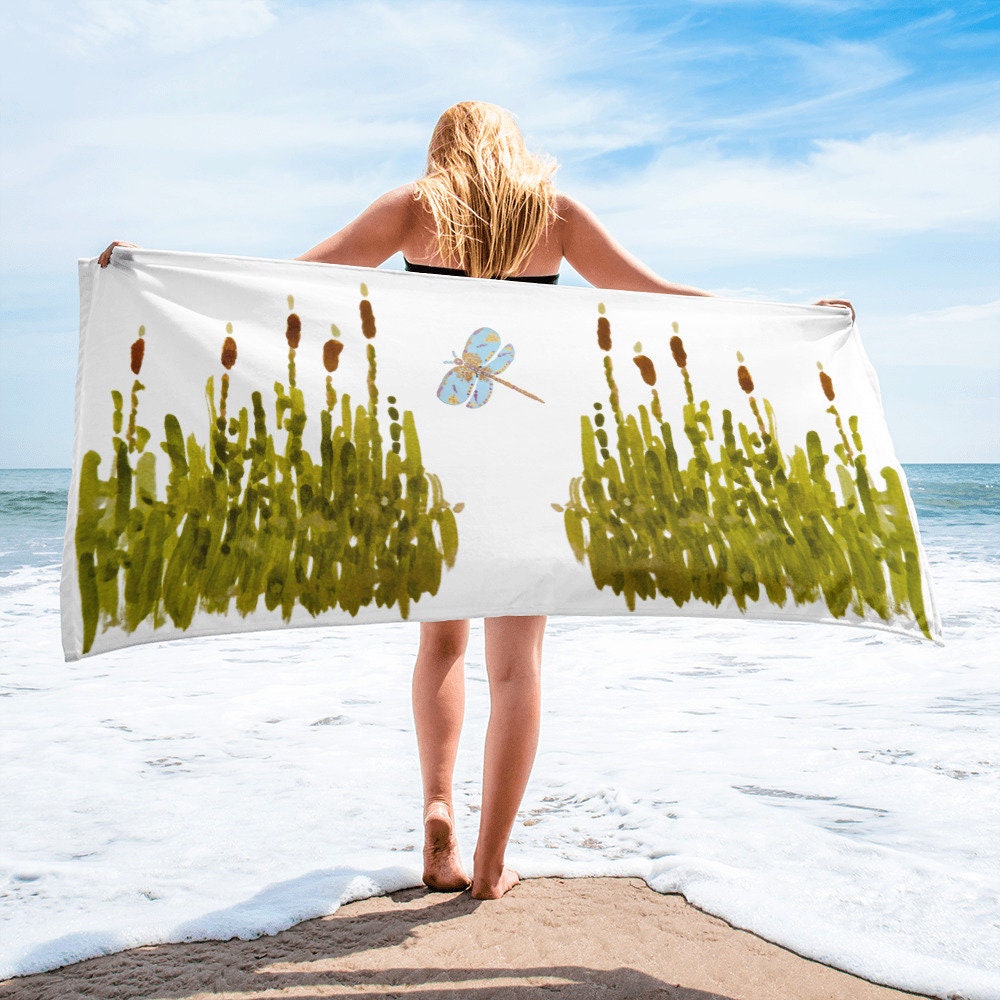 Cattails floral bath towel,botanical towel,fall towels,housewares,decor,beach towels,kids bath towels,guest towels,gym towels,nature lovers