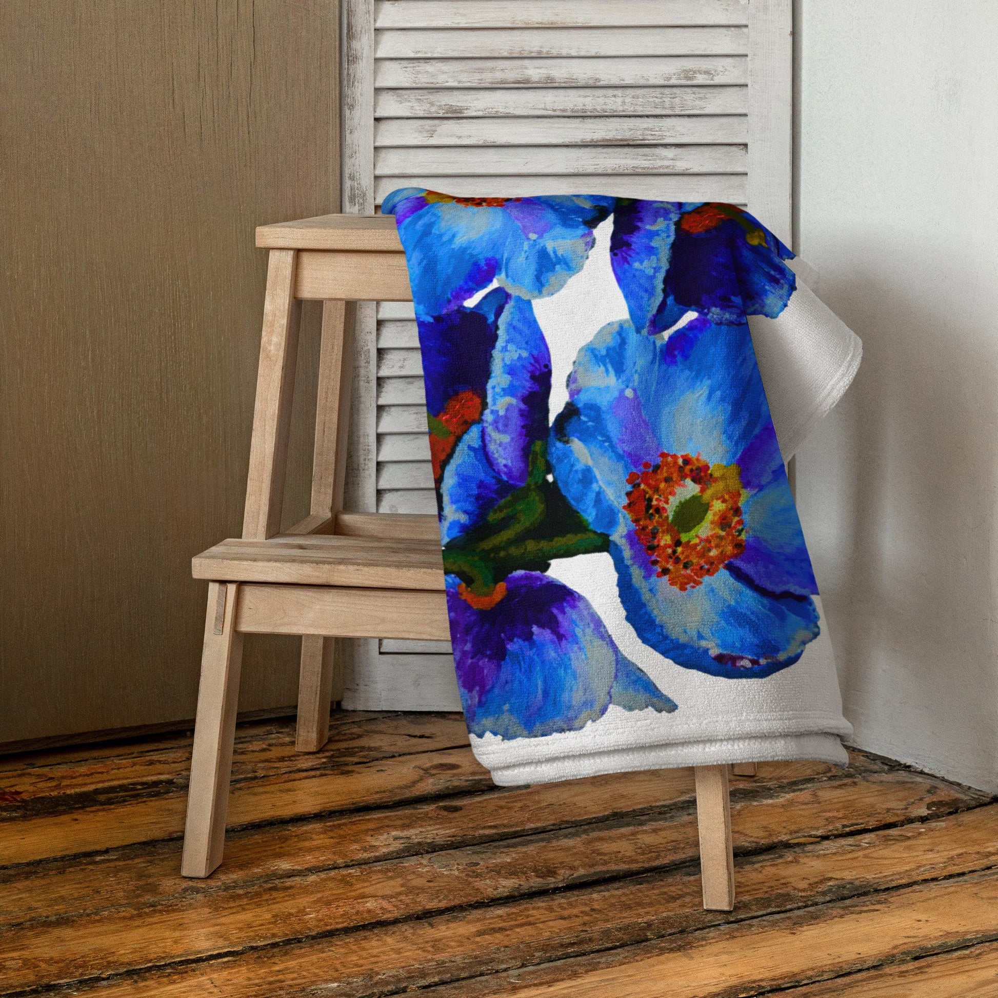 Brilliant blue floral bath towel,fall towels,housewares,decor,beach towels,kids bath towels,guest towels,botanical towels,nature lovers gift