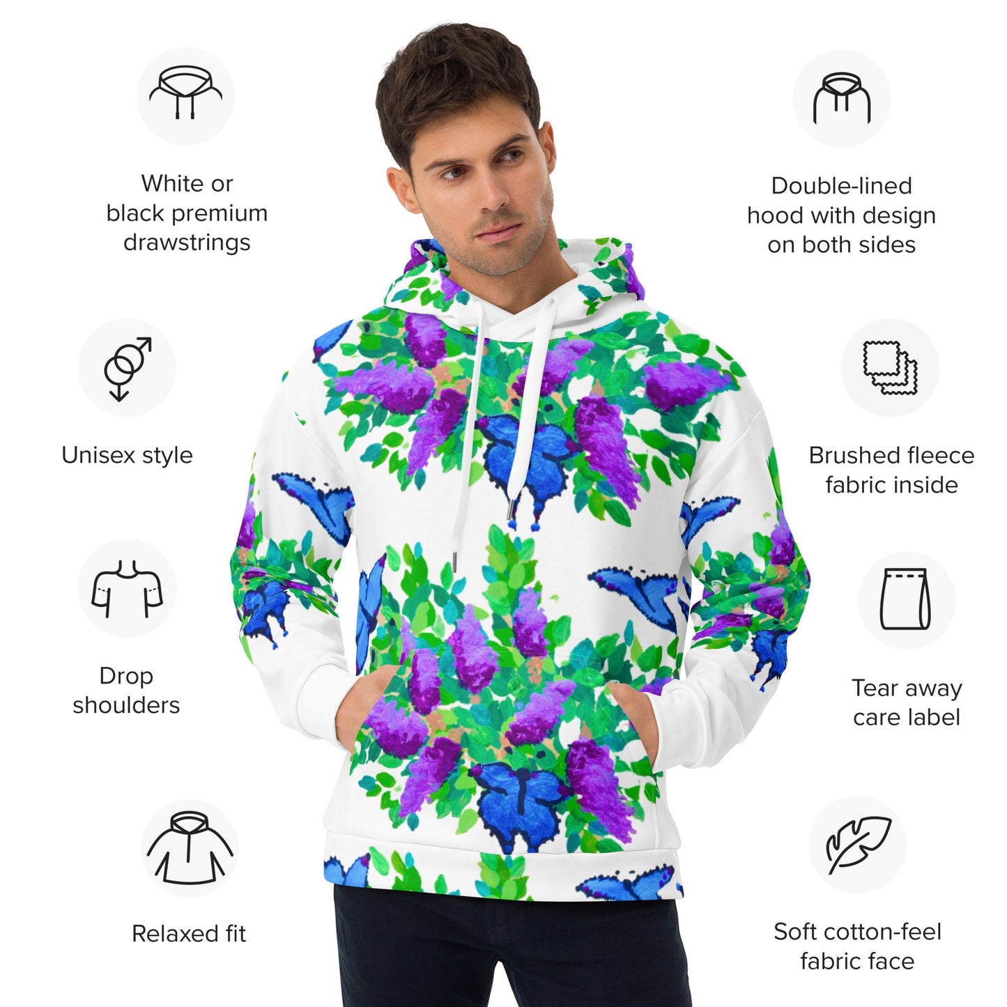 Blue Butterfly Floral Hoodie,unisex hoodie,pullover,hoodie with pocket,trendy hoodie,comfy hoodie,street wear hoodie,colorful hoodie