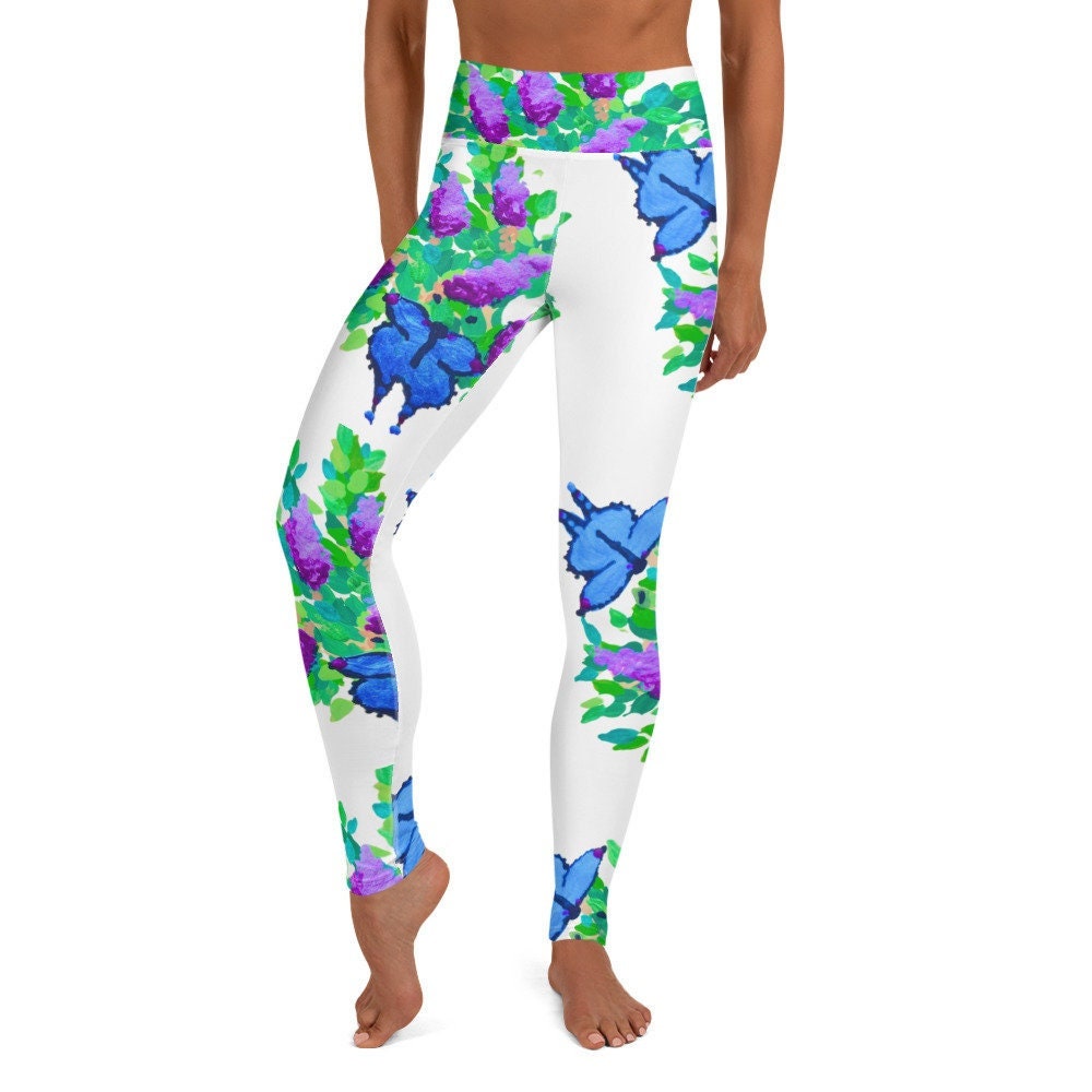 Blue Butterfly Floral Yoga Leggings,fitness leggings,workout leggings,high waist leggings,tummy control,spandex leggings,colorful leggings