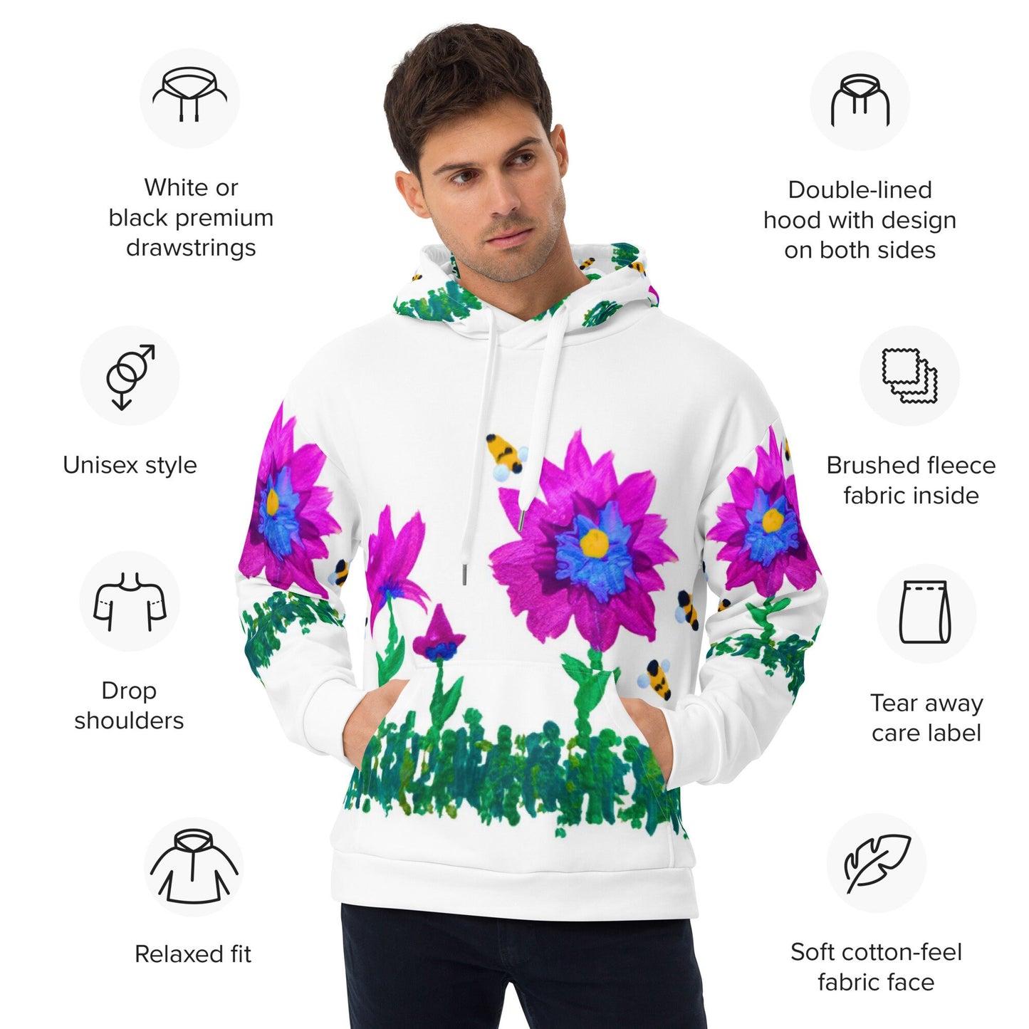 Pink and Blue Floral Unisex Hoodie,hoodie with pocket,pullover hoodie,hippie hoodie,comfy hoodie,trending hoodie,street wear hoodie