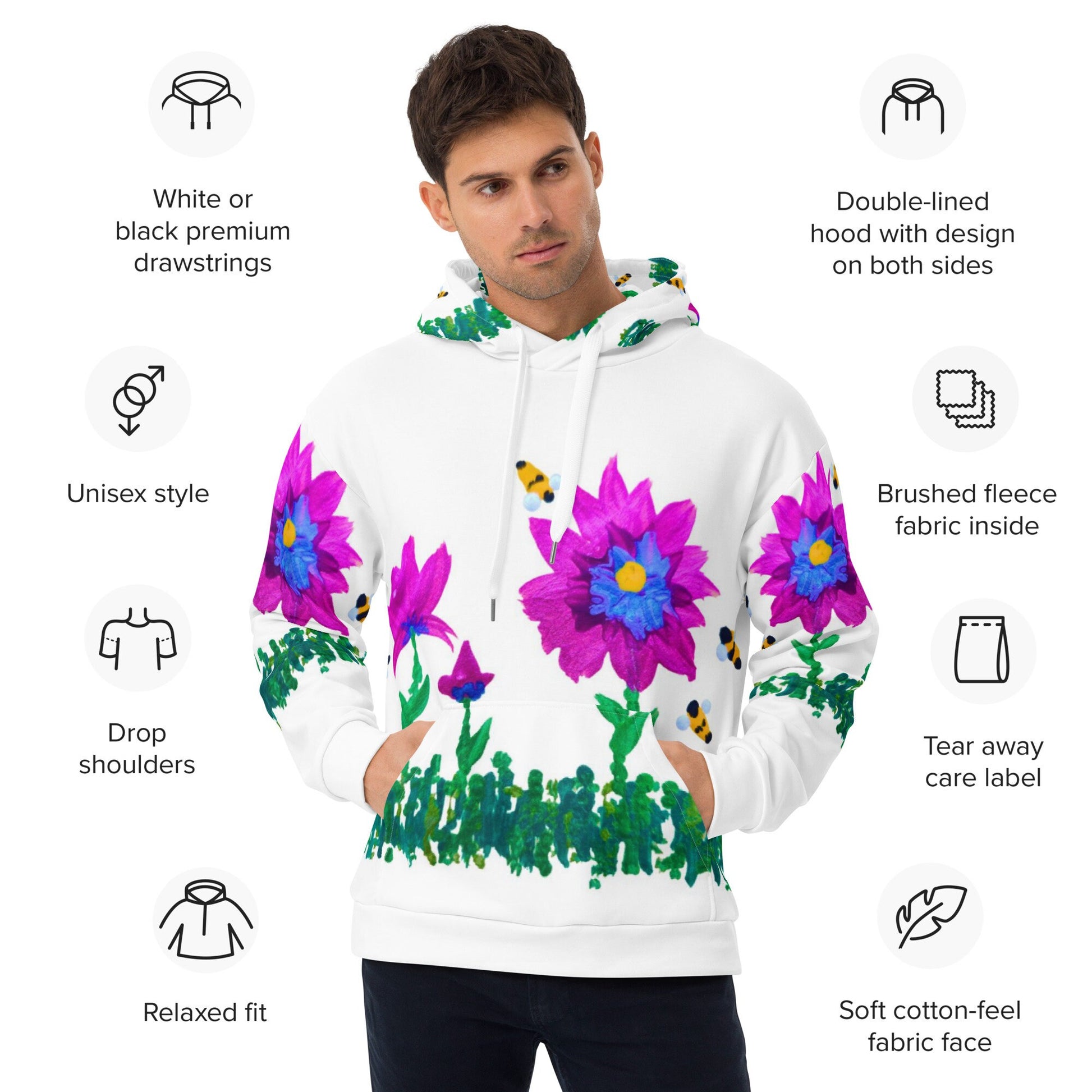 Pink and Blue Floral Unisex Hoodie,hoodie with pocket,pullover hoodie,hippie hoodie,comfy hoodie,trending hoodie,street wear hoodie