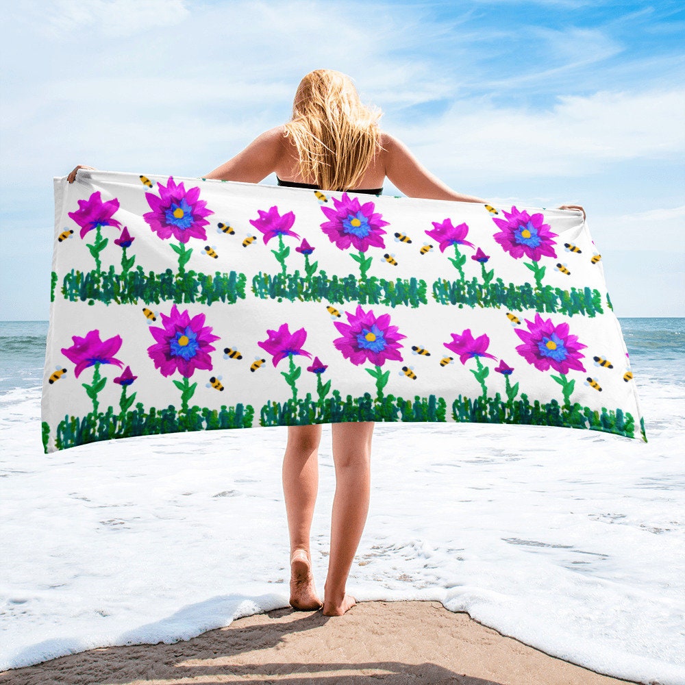 Pink and Blue Floral Towel,beach towels,floral decor,botanical towels,guest towels,bathroom towels,kids bath towels,colorful towels