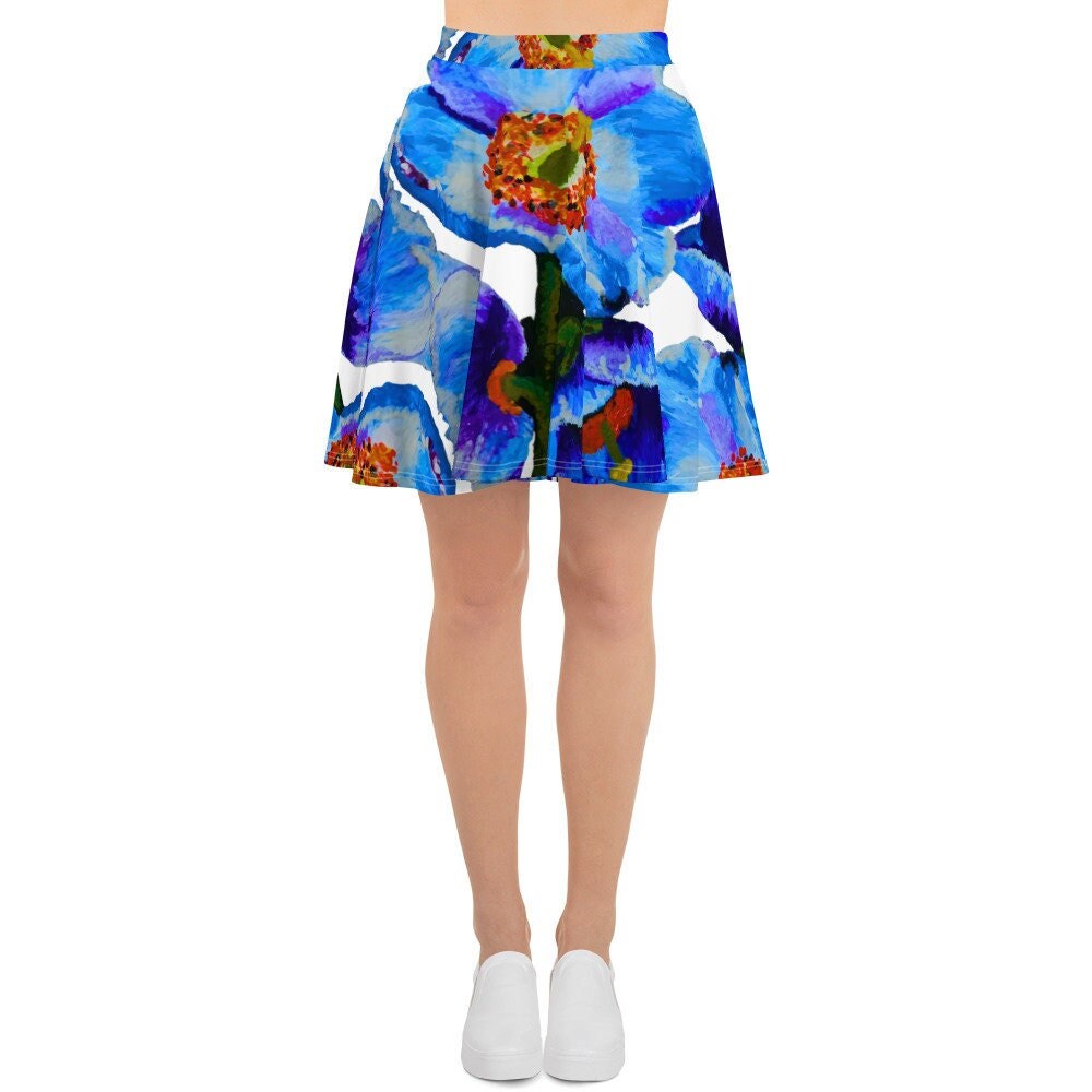 Blue Poppies Skirt,elastic waist skirt,office skirt,flared skirt,floral skirt,plus size skirt,flower skirt,colorful skirt