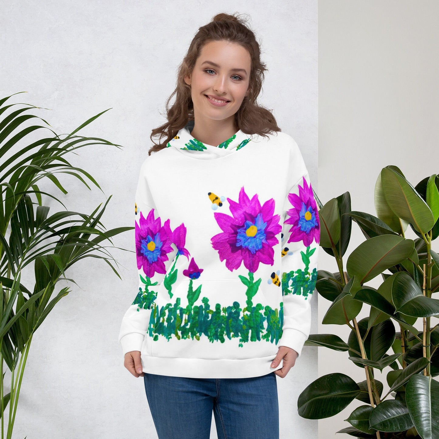 Pink and Blue Floral Unisex Hoodie,hoodie with pocket,pullover hoodie,hippie hoodie,comfy hoodie,trending hoodie,street wear hoodie