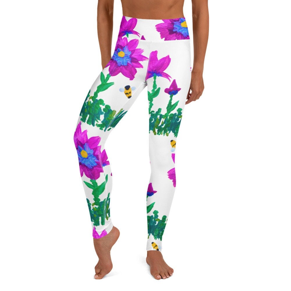 Pink and Blue Floral Yoga Leggings,high waist leggings,spandex leggings,workout leggings,fitness leggings,colorful leggings,plus size