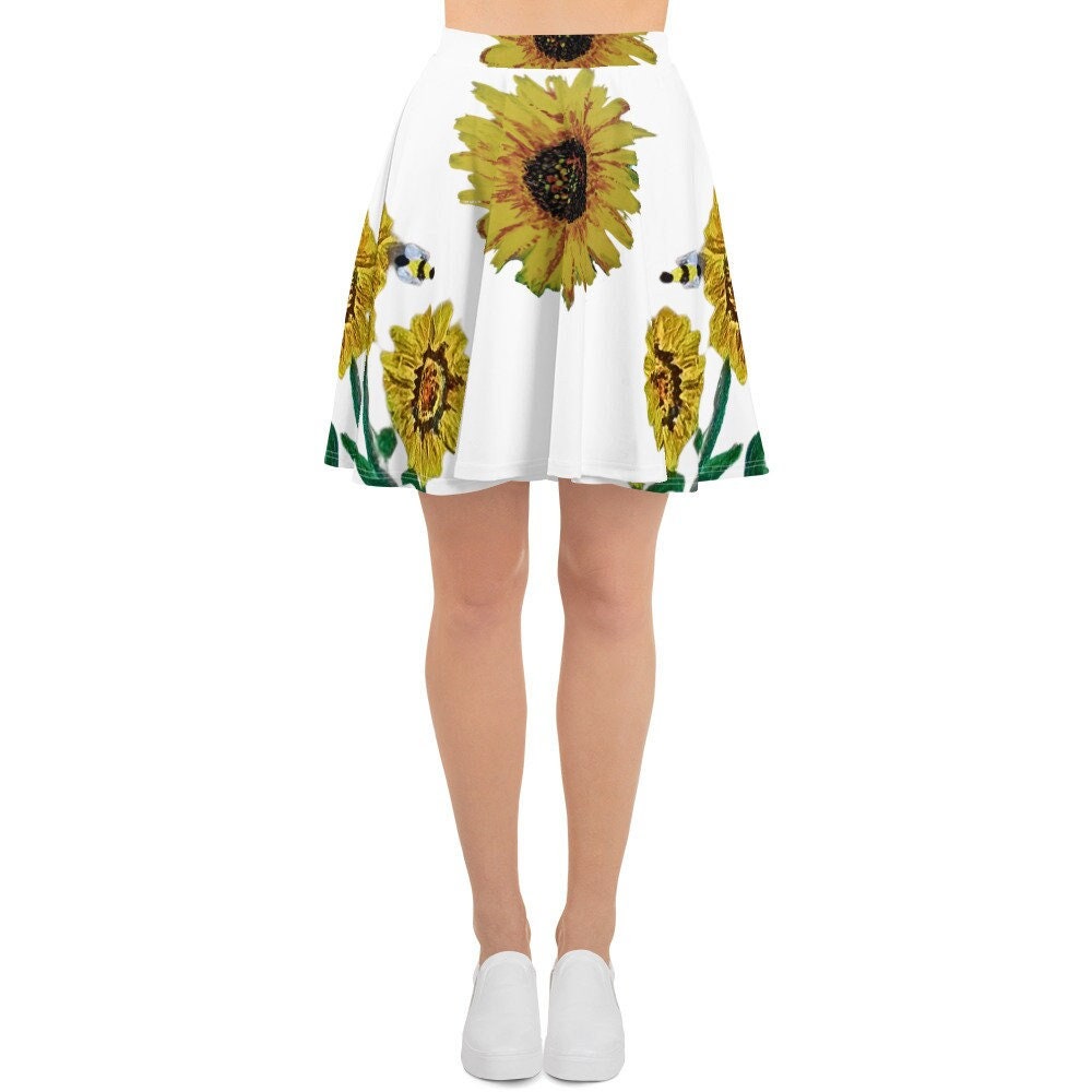 Sunflower Skirt,elastic waist,knee length,floral skirt,pleated skirt,office skirt,plus size,vintage skirt