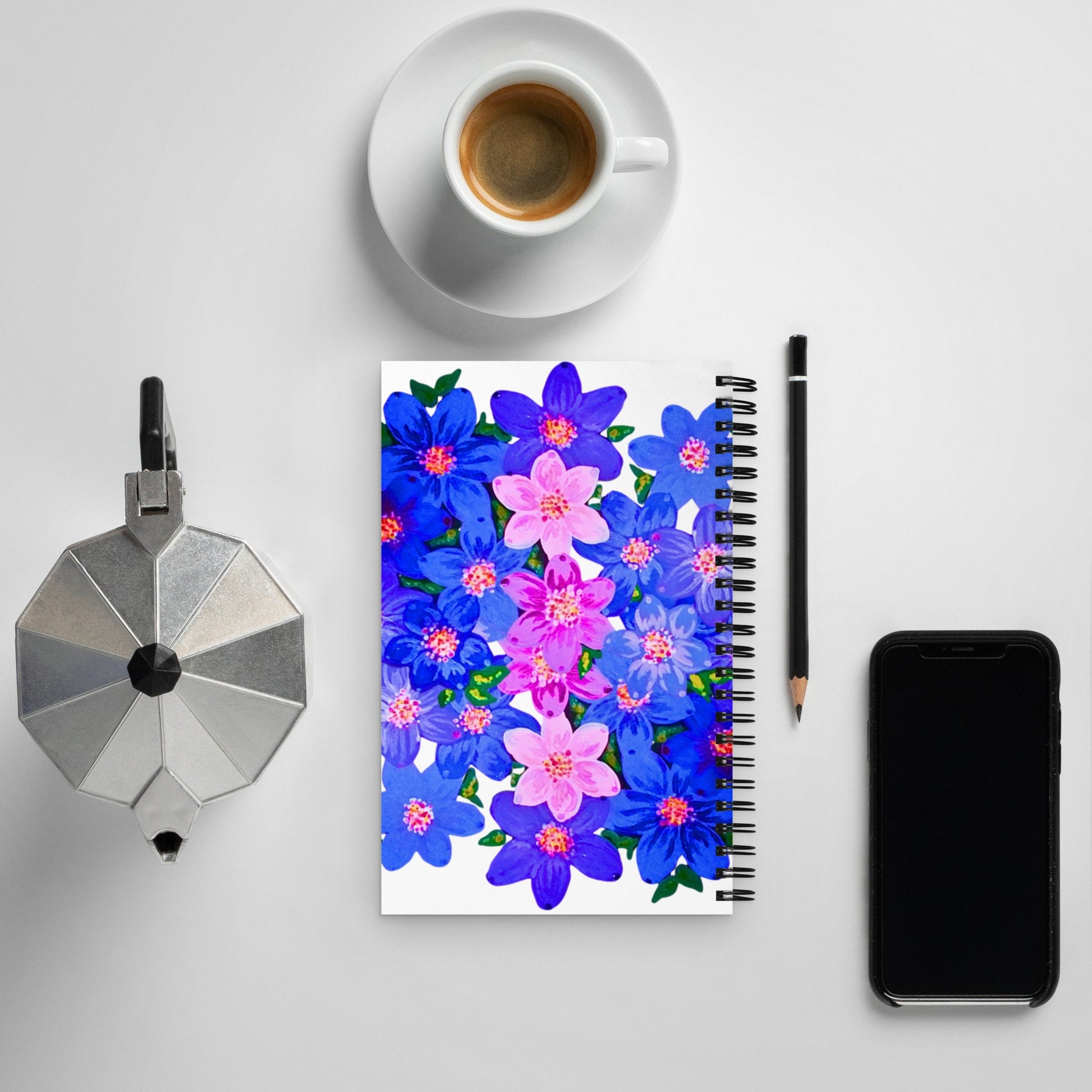 Pink and Blue Floral Spiral Notebook,dot journals,nature journal,spiritual journal,composition notebook,wedding journal,art journal
