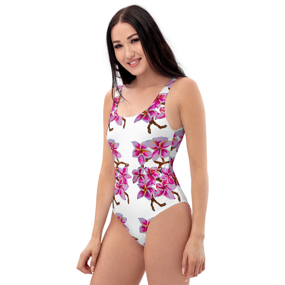 Cherry Blossom One-Piece Swimsuit, Sexy Botanical Bathing Suit, Floral Beach Ladies Swimwear, Vintage Plus Size Festival Bodysuit