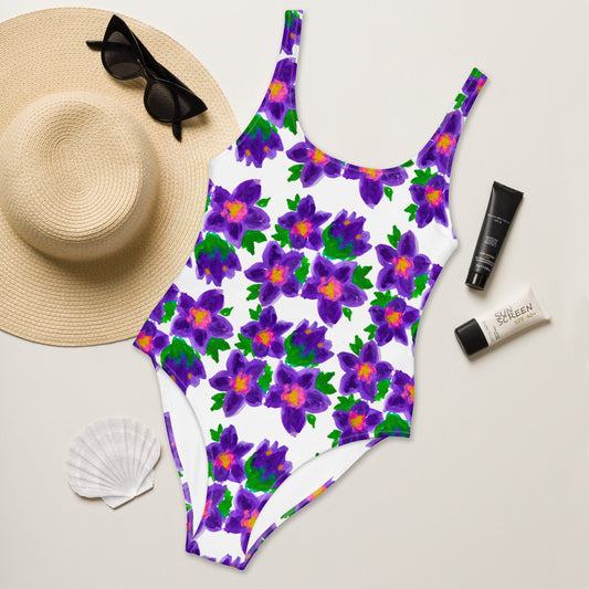 Watercolor Botanical One-Piece Swimsuit, Floral Beach Bathing Suit, Retro Plus Size Festival Bodysuit, Ladies Swimwear