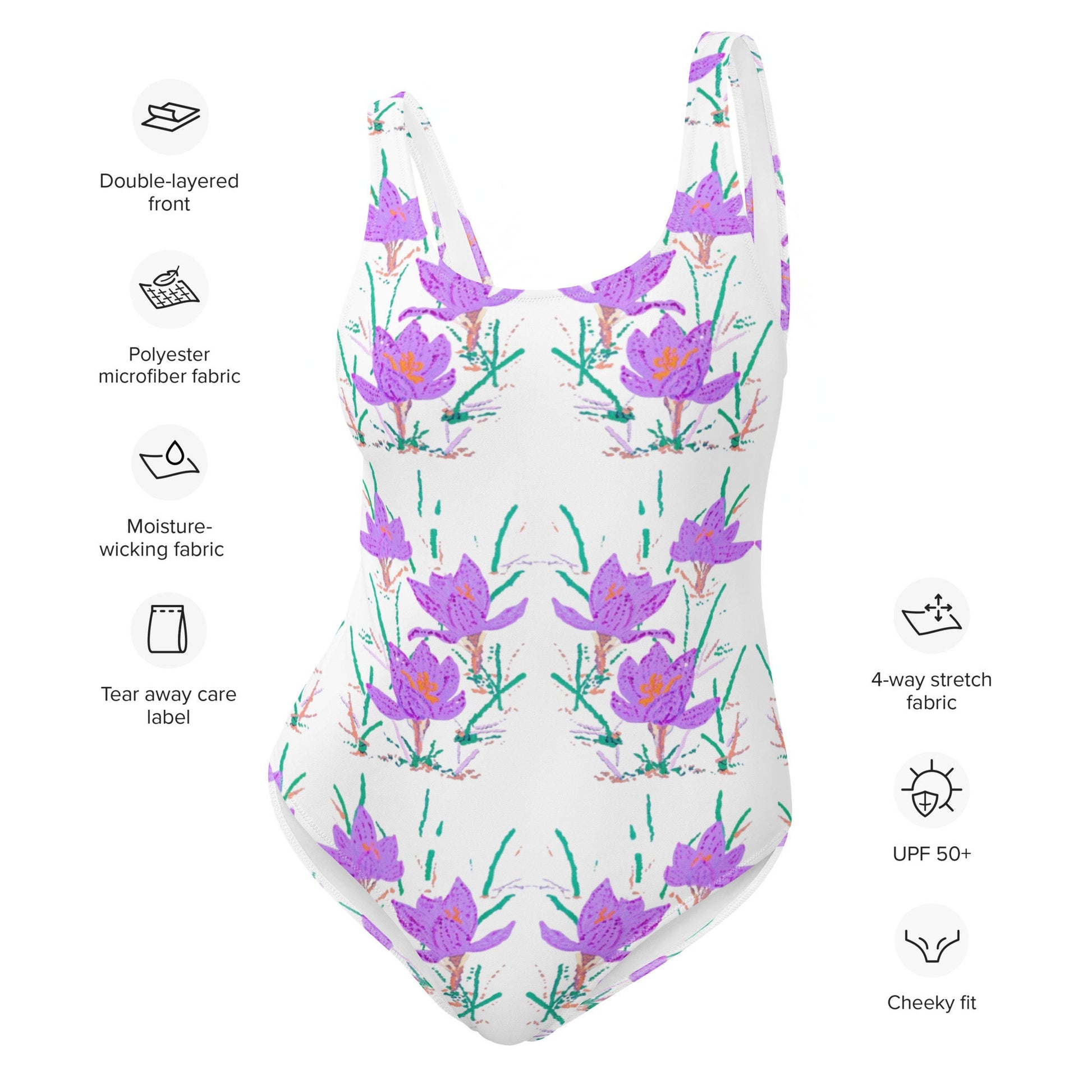 Crocus Flower Botanical One-Piece Swimsuit, Vintage Beach Bathing Suit, Colorful Festival Bodysuit, Plus Size Ladies Swimwear