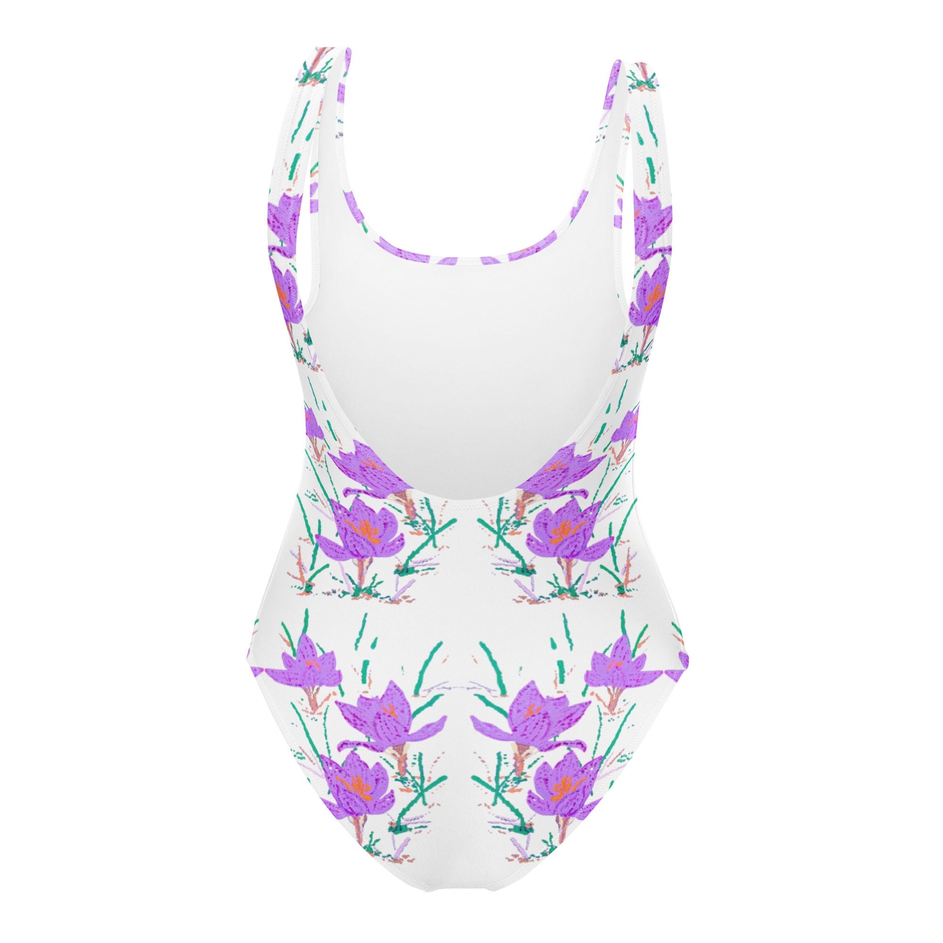 Crocus Flower Botanical One-Piece Swimsuit, Vintage Beach Bathing Suit, Colorful Festival Bodysuit, Plus Size Ladies Swimwear