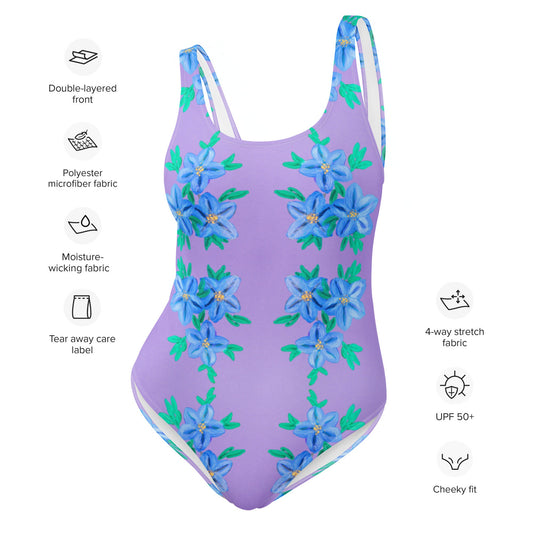 Forget Me Not Purple One-Piece Swimsuit, Ladies Floral Swimwear, Plus Size Beach Bathing Suit, Colorful Botanical Festival Bodysuit