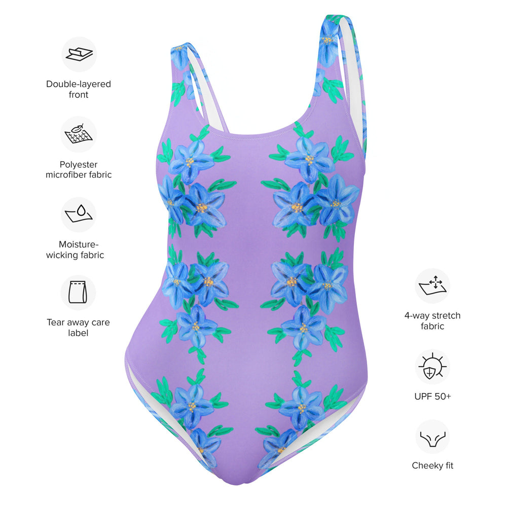 Forget Me Not Purple One-Piece Swimsuit, Ladies Floral Swimwear, Plus Size Beach Bathing Suit, Colorful Botanical Festival Bodysuit