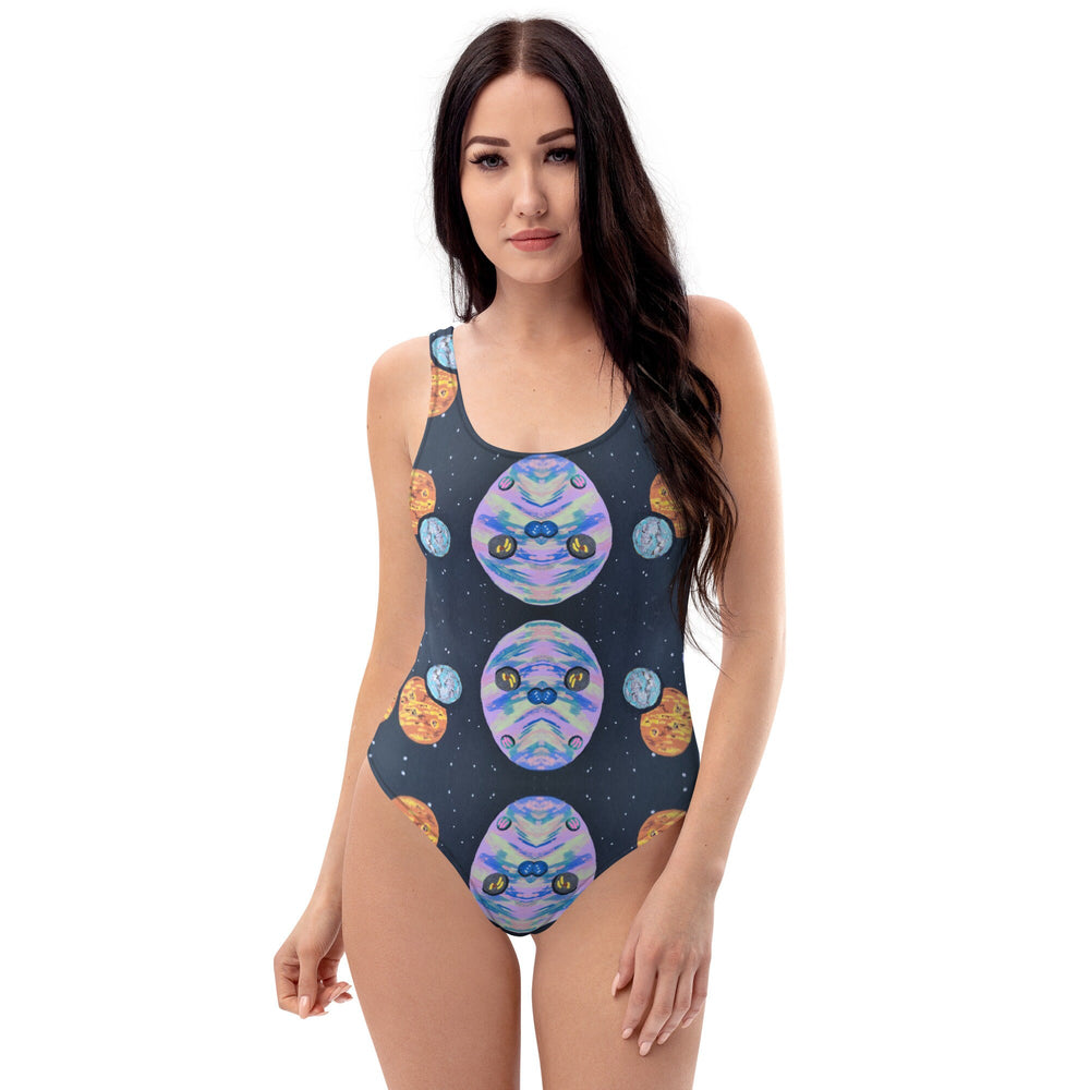 Galaxy Space Pattern One-Piece Swimsuit, Cheeky Bride Plus Size Swimwear, Festival Rave Bodysuit, Retro Bathing Suit