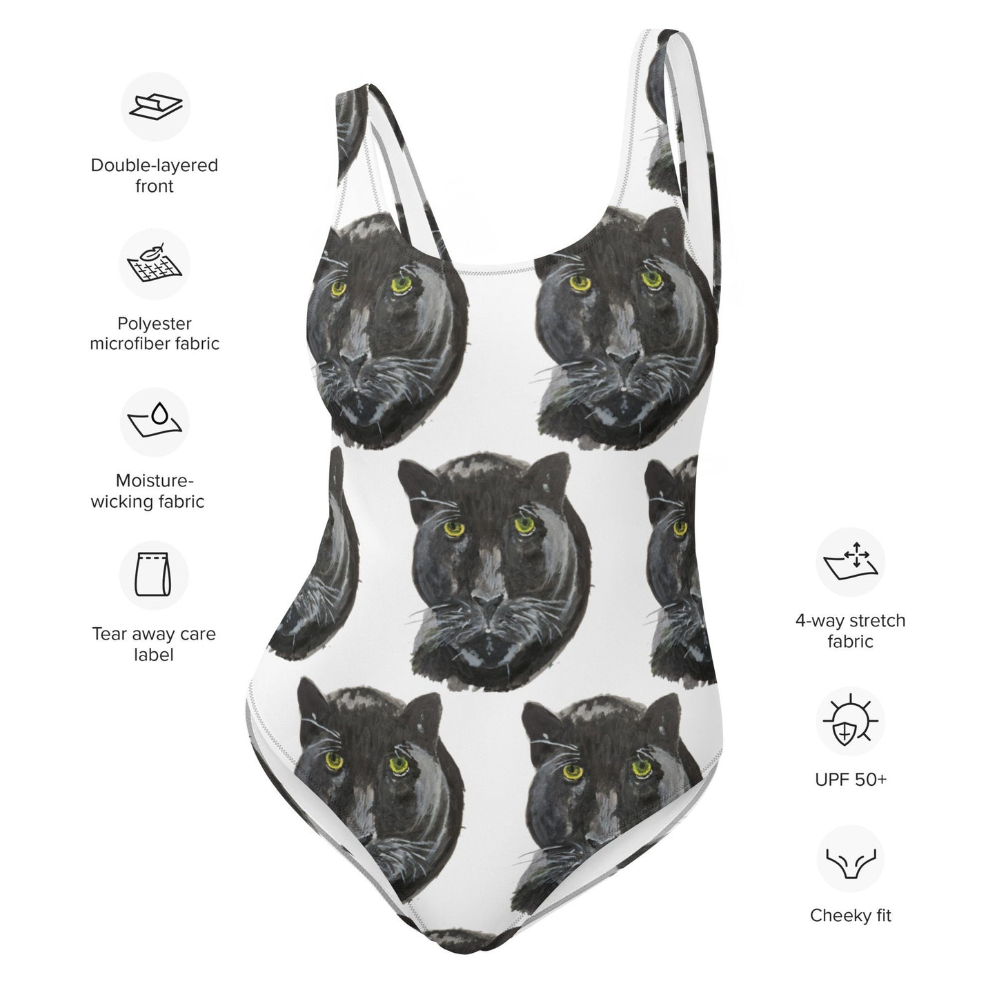 Black Panther Print One-Piece Swimsuit, Starry Night Black Cat Suit, Rave Festival Bodysuit, Cat Themed Plus Size Bathing Suit