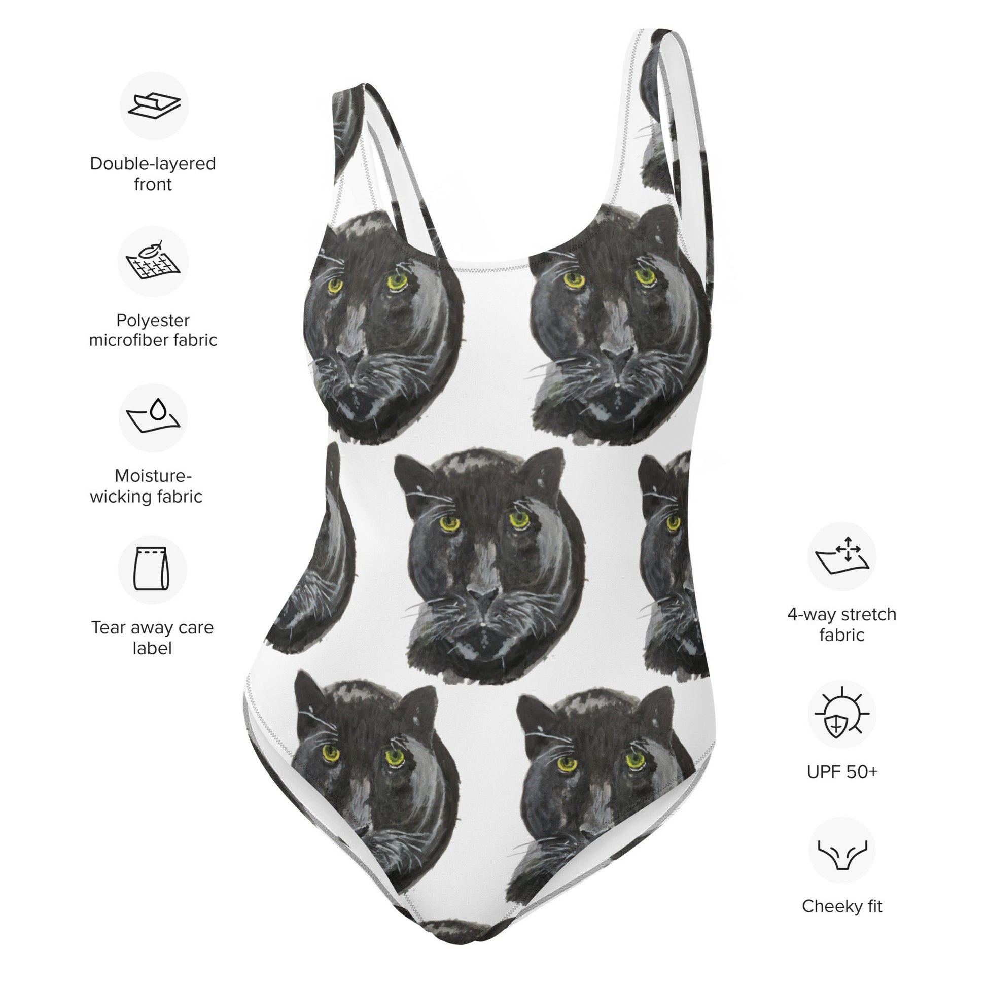 Black Panther Print One-Piece Swimsuit, Starry Night Black Cat Suit, Rave Festival Bodysuit, Cat Themed Plus Size Bathing Suit