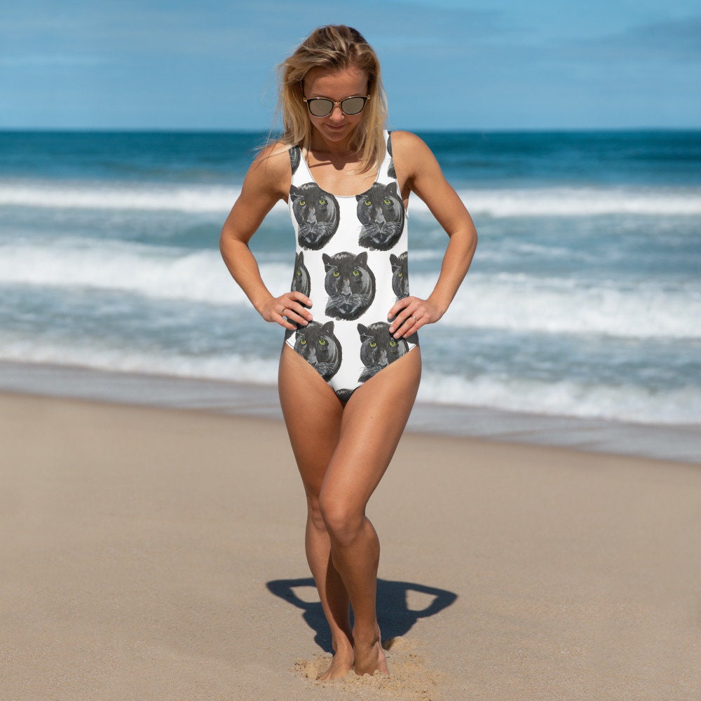 Black Panther Print One-Piece Swimsuit, Starry Night Black Cat Suit, Rave Festival Bodysuit, Cat Themed Plus Size Bathing Suit