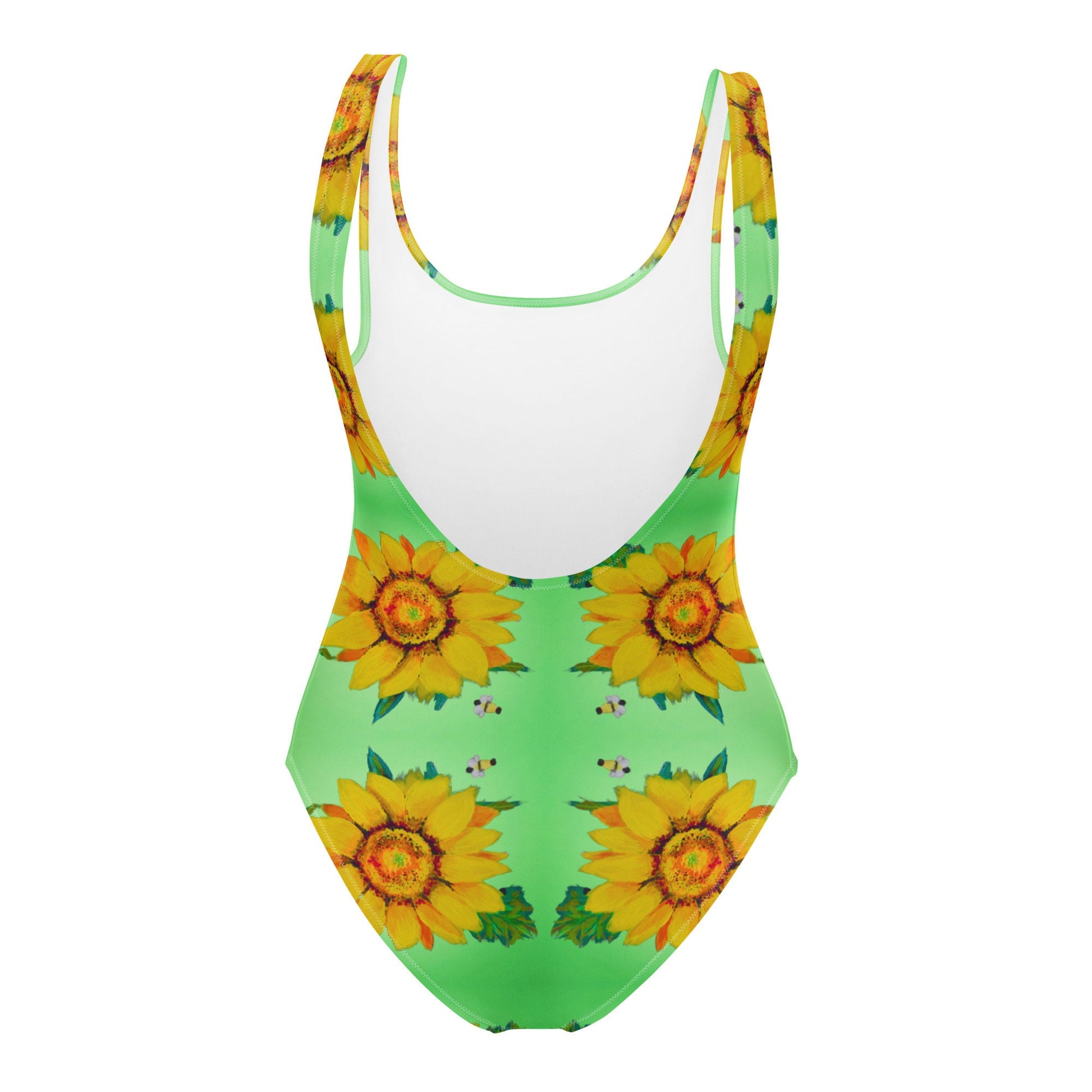 Sunflower Pattern One-Piece Swimsuit, Floral Beach Retro Swimwear, Festival Rave Plus Size Bathing Suit
