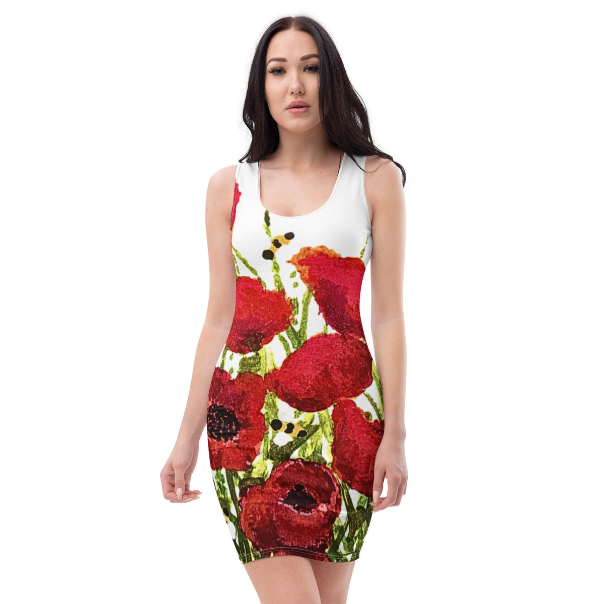 Red Poppy Floral Bodycon Dress, Womens Casual Spring Outfit, Sleeveless Secretary Dress